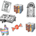 different drawings from books, candies, doors