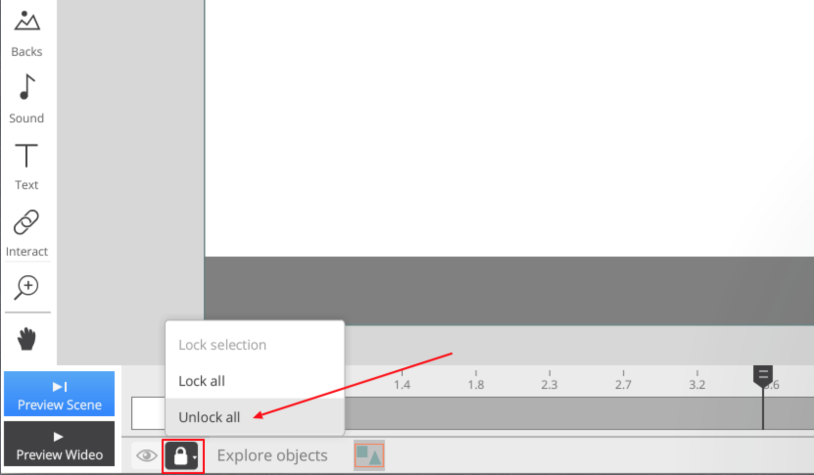 screenshot of how to unlock objects in wideo editor tool