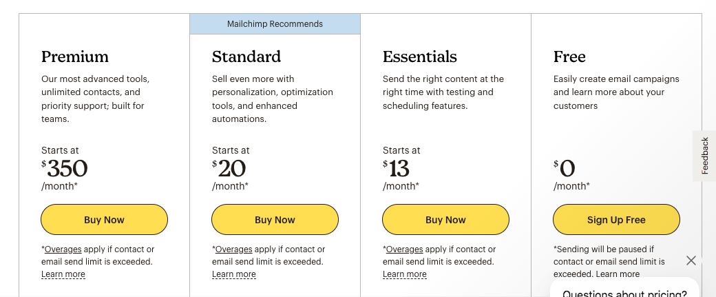 Mailchimp pricing options